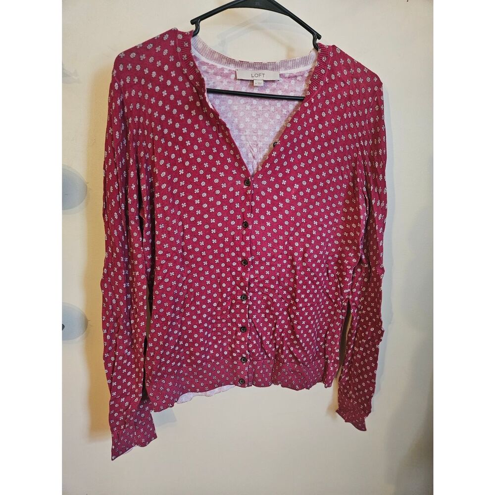 LOFT Red and Cream Floral Dot Knit Cardigan